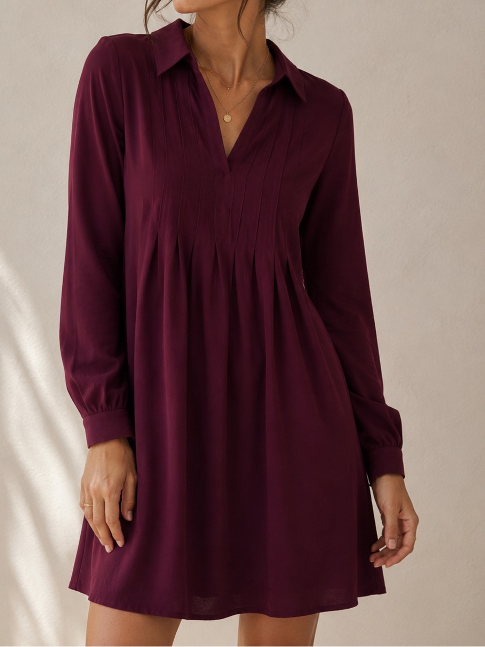 NINE WEST Pintuck Mini Dress in Maddie Plum Size Small Relaxed Fit Long Sleeve